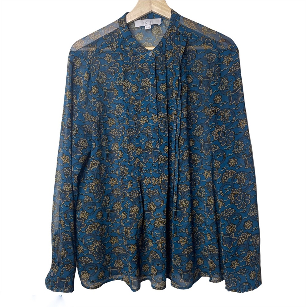 Loft Green Yellow Floral Sheer Middle Pleat Top